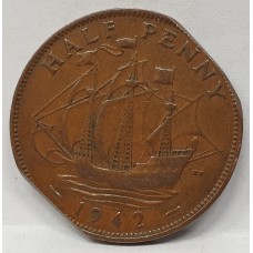 GREAT BRITAIN UK 1942 . HALF 1/2 PENNY . ERROR . DOUBLE STRAIGHT BITTEN CLIPPED EDGE